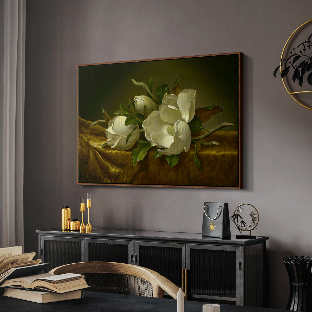 Magnolias on Gold Velvet Cloth, c. 1888-1890 - Floater Framed Canvas Print