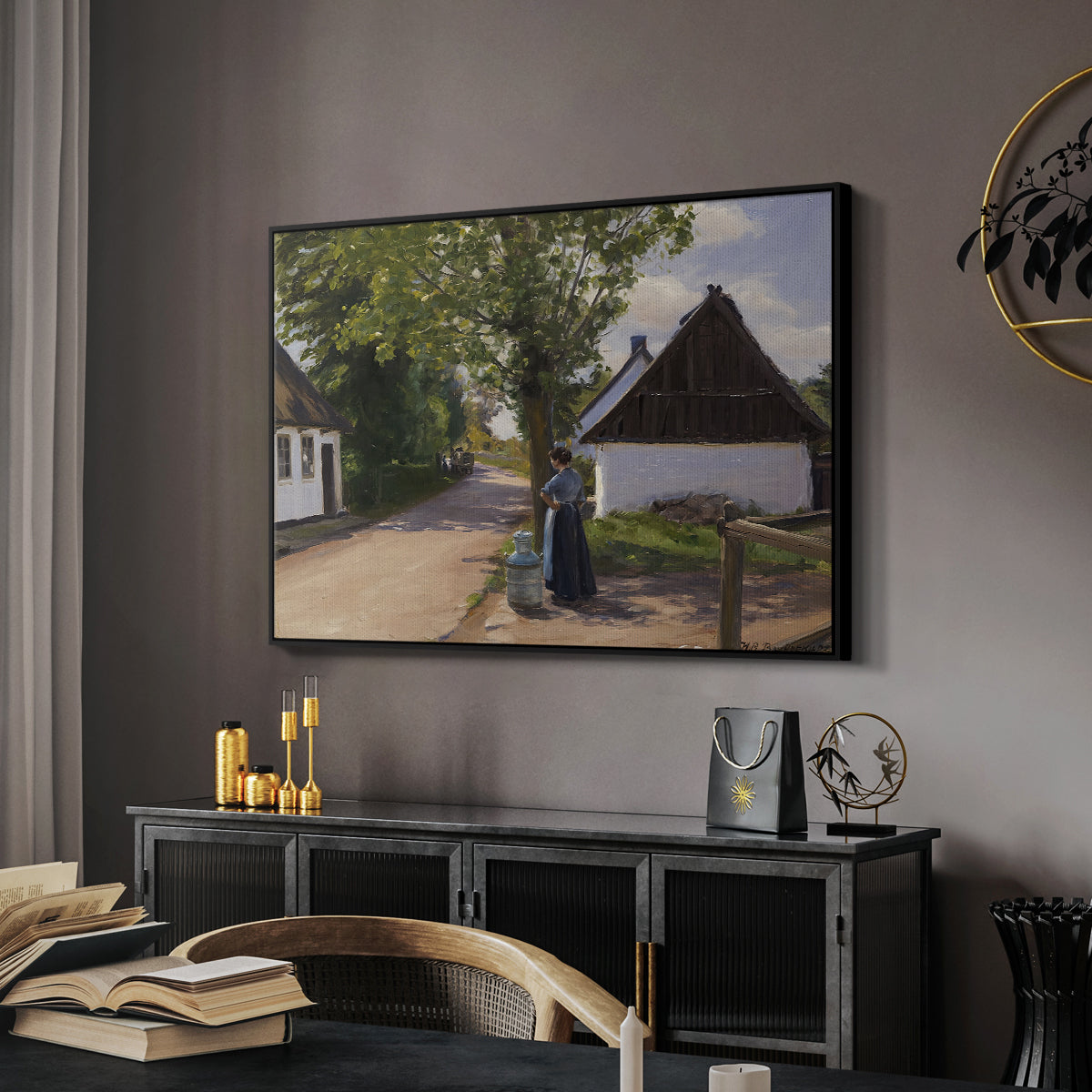 Danish Village Street with Woman and Milkman, 1880 - Floater Framed Canvas Print