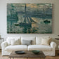 Canvas art print detailing an atmospheric ocean view with sun rising through haze, centered above a sofa as a large focal wall piece