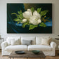 Canvas art print detailing a luminist still life highlighting flowers, centered above a sofa as a large focal wall piece