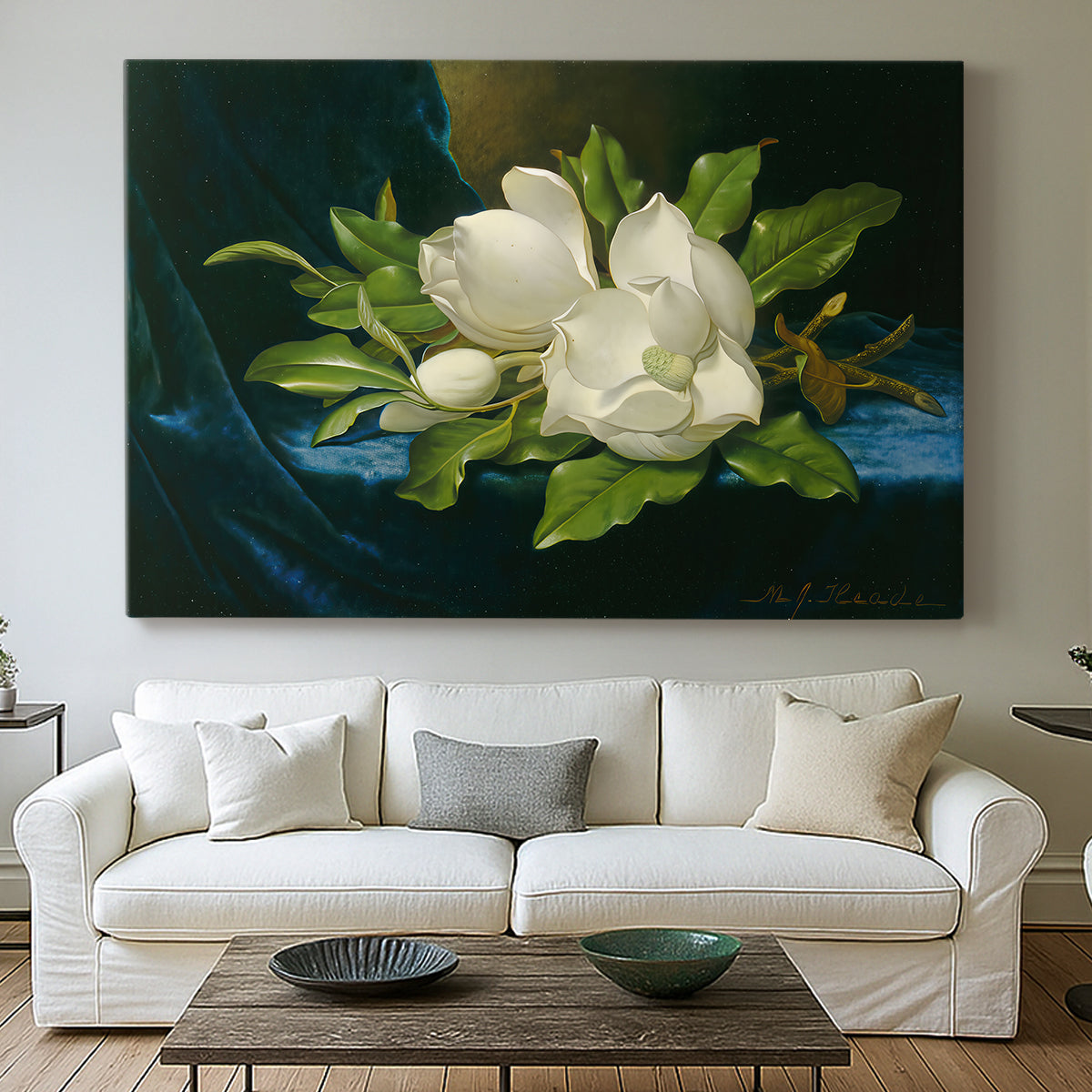 Canvas art print detailing a luminist still life highlighting flowers, centered above a sofa as a large focal wall piece