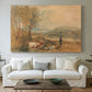 Canvas art print detailing a landscape featuring castle, centered above a sofa as a large focal wall piece