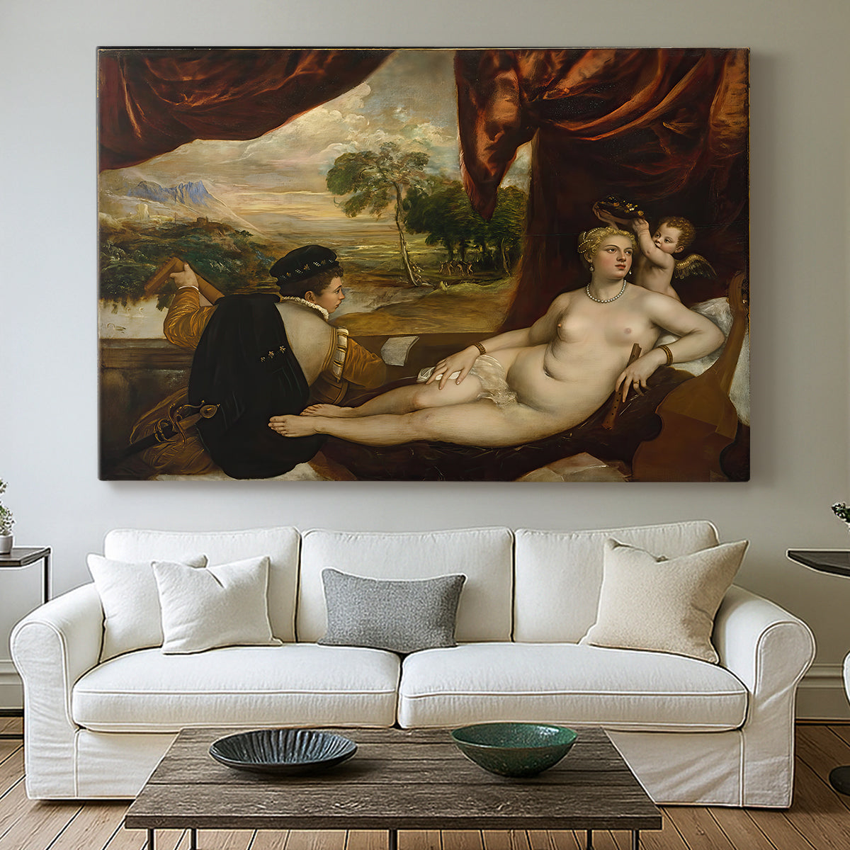 Canvas art print detailing a classical scene combining reclining Venus and musical companion, centered above a sofa as a large focal wall piece