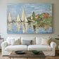 Canvas art print detailing a dynamic nautical scene with boats moving across river, centered above a sofa as a large focal wall piece