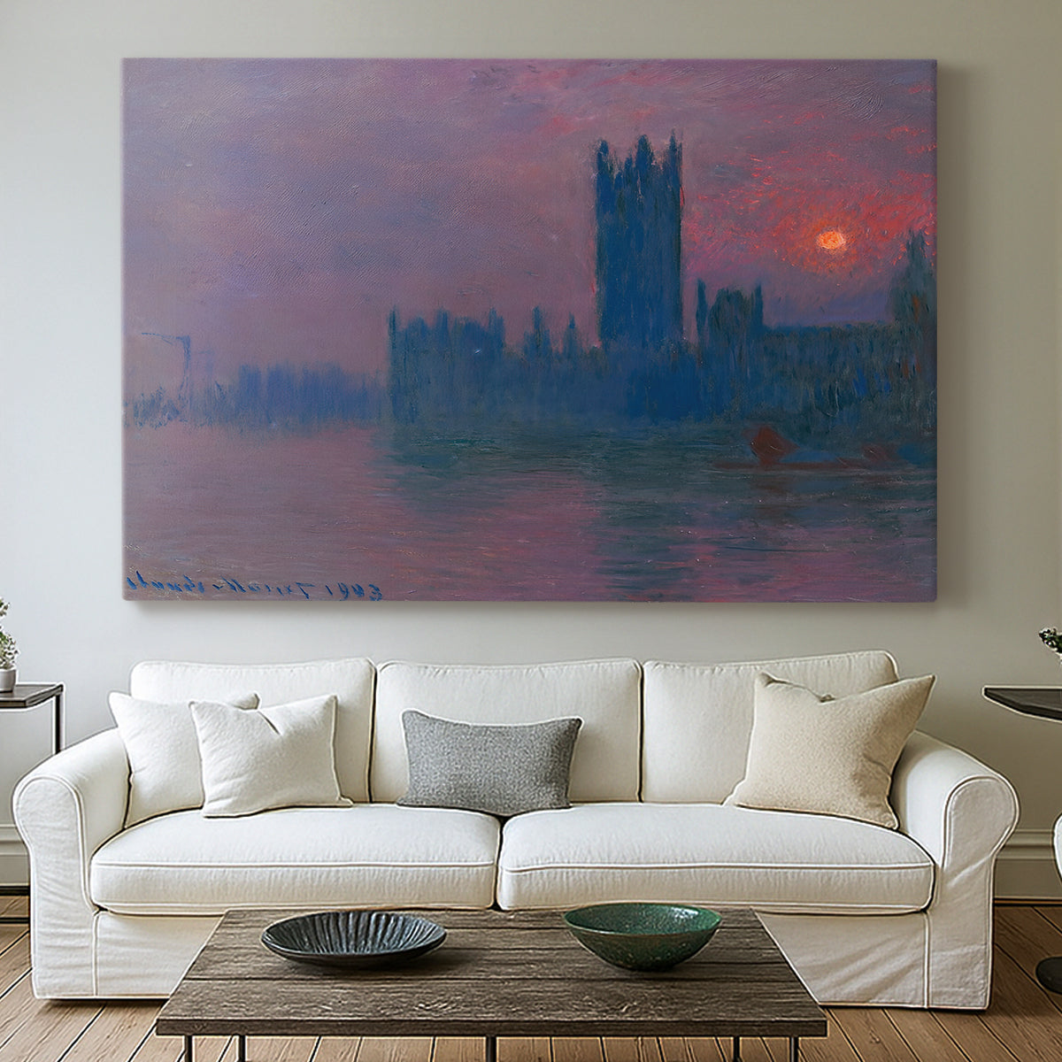 Canvas art print detailing a dramatic skyline with reflections under colorful sky, centered above a sofa as a large focal wall piece