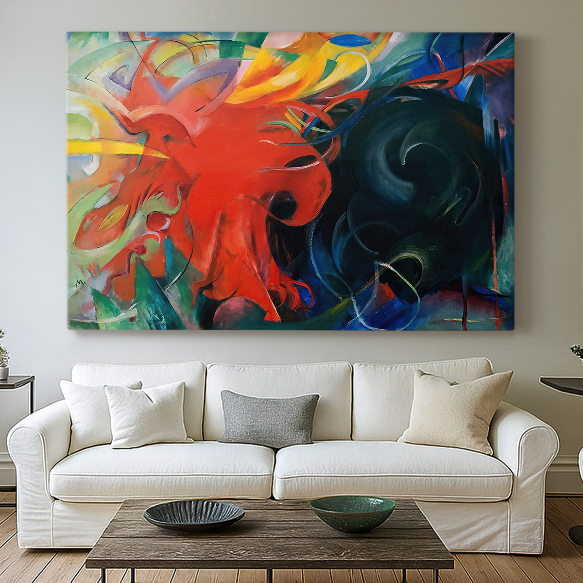 Canvas art print detailing a non-representational composition with swirling forms and contrast, centered above a sofa as a large focal wall piece