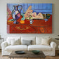 Canvas art print detailing a colorful still life featuring a jug and statuette, centered above a sofa as a large focal wall piece