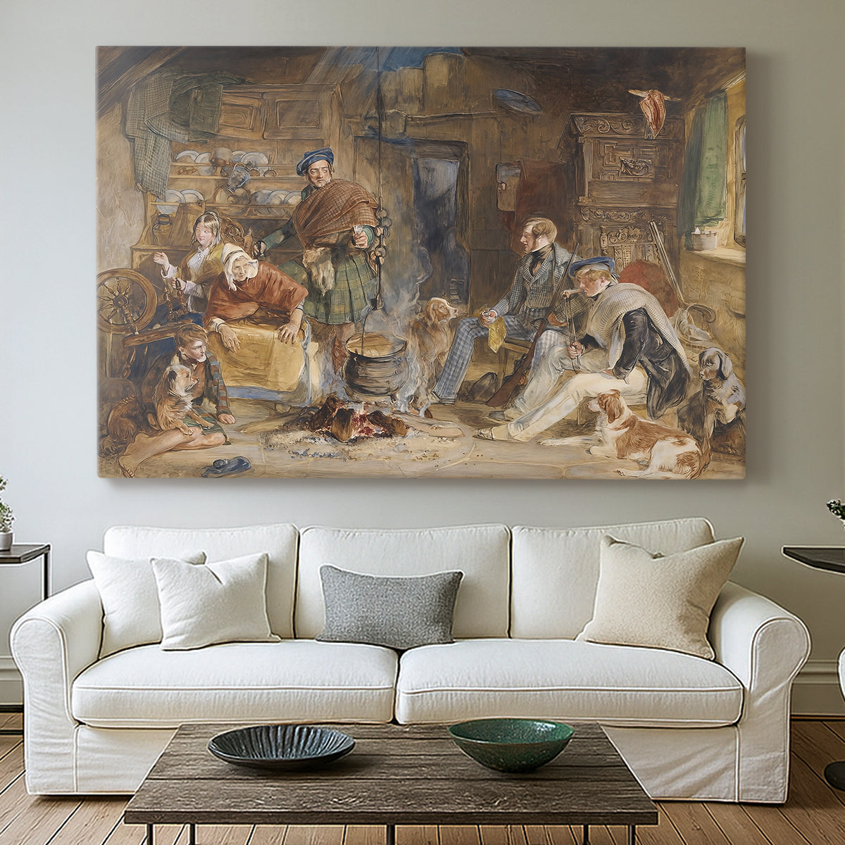 Canvas art print detailing a traditional gathering scene in simple room, centered above a sofa as a large focal wall piece