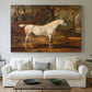 Canvas art print detailing a realistic depiction of horse posed in countryside, centered above a sofa as a large focal wall piece