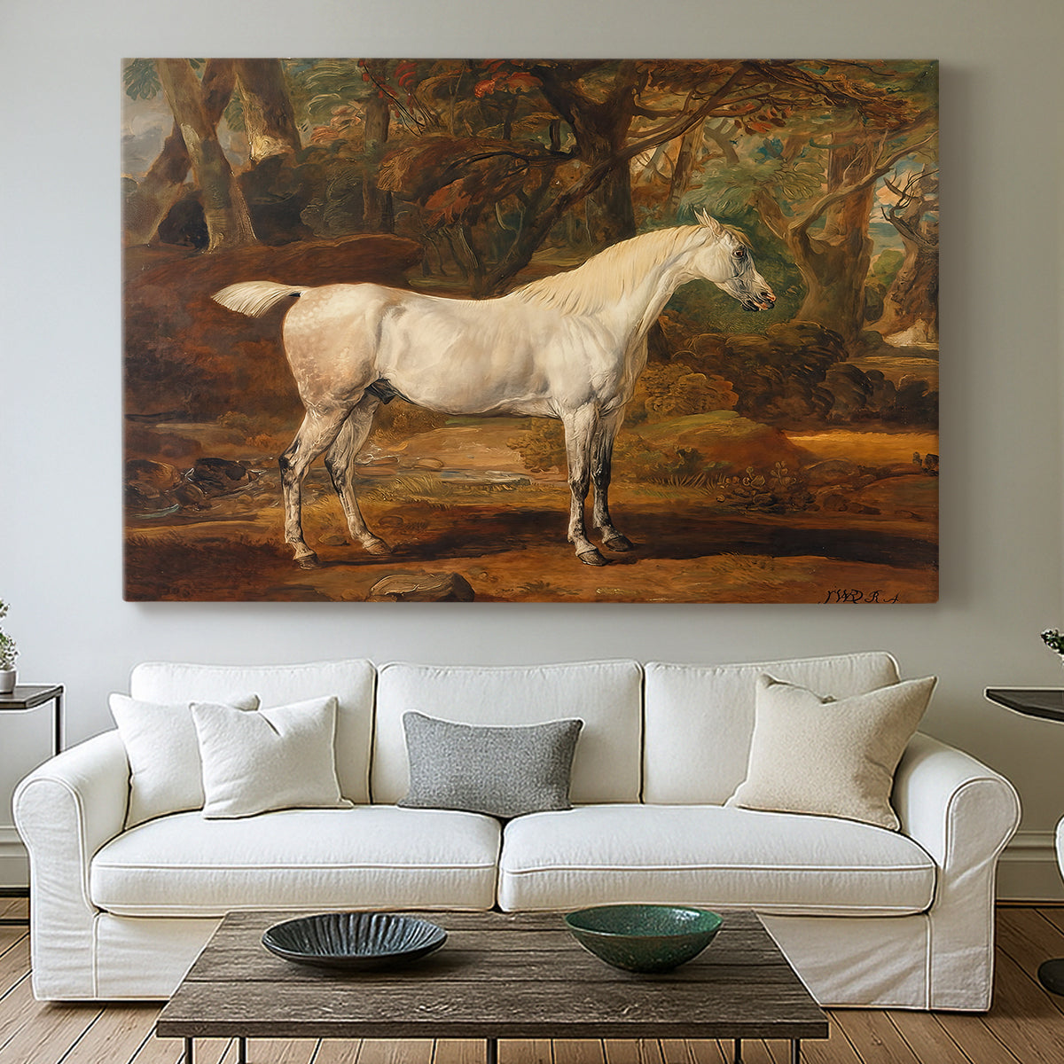 Canvas art print detailing a realistic depiction of horse posed in countryside, centered above a sofa as a large focal wall piece