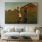 Canvas art print detailing an open field setting with human interaction and distant horizon, centered above a sofa as a large focal wall piece