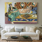 Canvas art print detailing a stylized domestic scene with women and checkers, centered above a sofa as a large focal wall piece