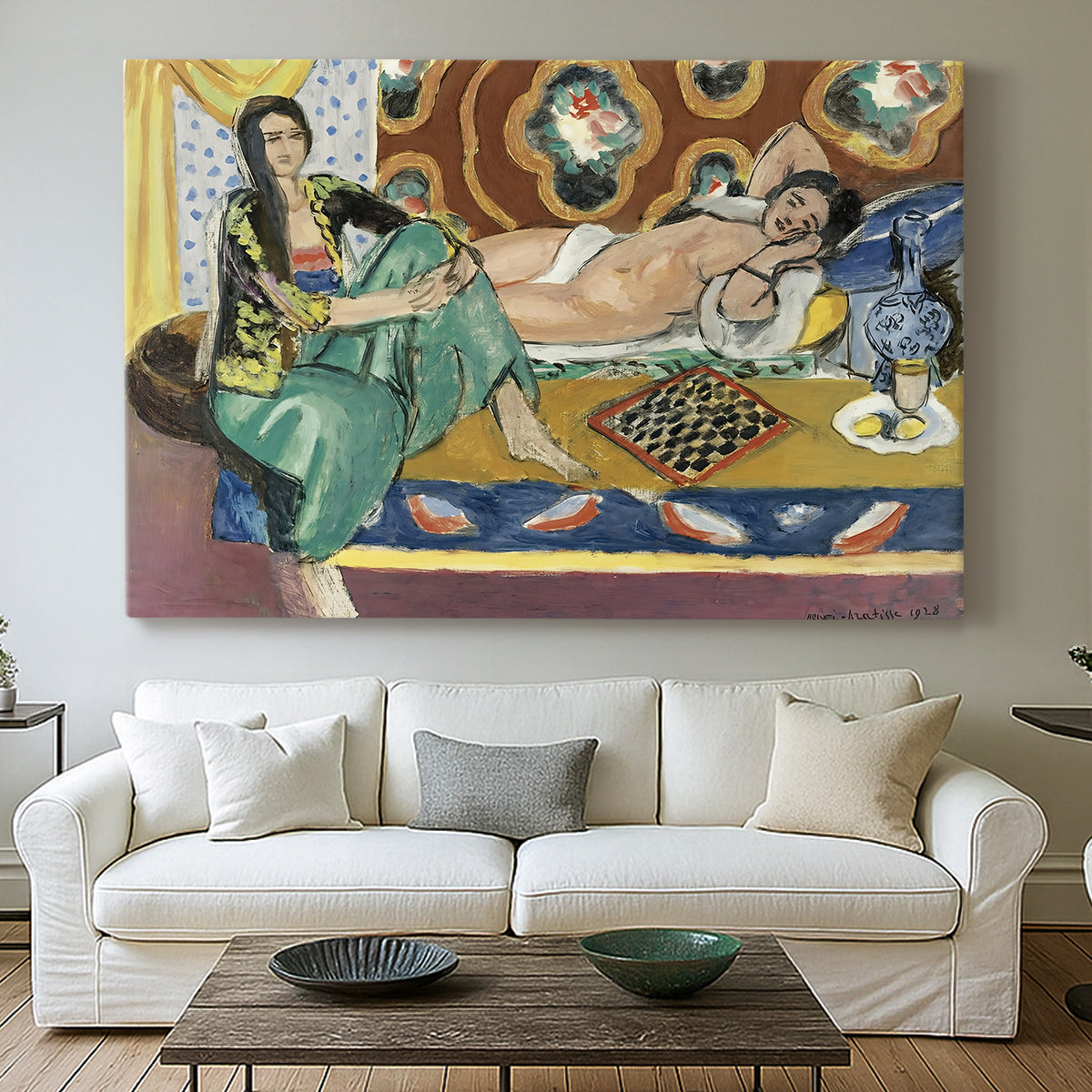 Canvas art print detailing a stylized domestic scene with women and checkers, centered above a sofa as a large focal wall piece