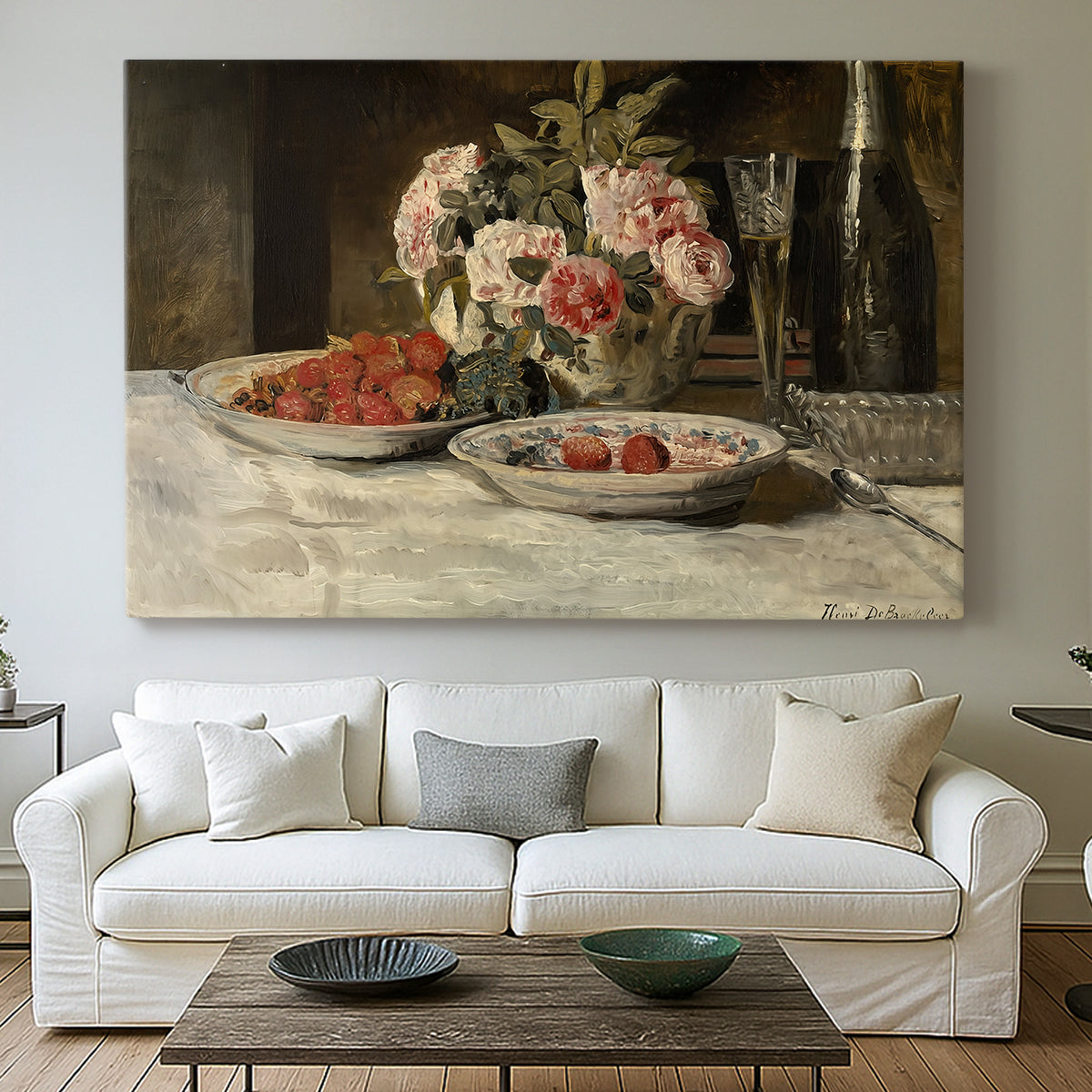 Canvas art print detailing a detailed arrangement of food and beverage items, centered above a sofa as a large focal wall piece