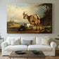 Canvas art print detailing realistic goats in field, centered above a sofa as a large focal wall piece