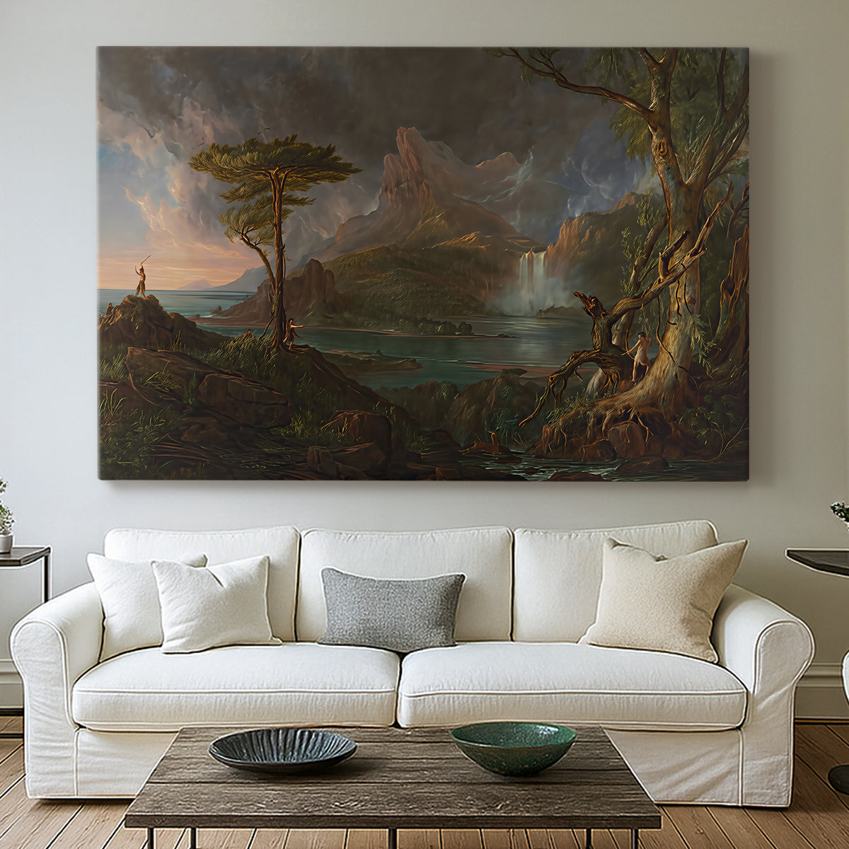 Canvas art print detailing a romantic depiction of wild terrain, centered above a sofa as a large focal wall piece