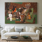 Canvas art print detailing an expressive collage of objects, centered above a sofa as a large focal wall piece