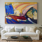 Canvas art print detailing a stylized depiction of movement using bold strokes and color, centered above a sofa as a large focal wall piece