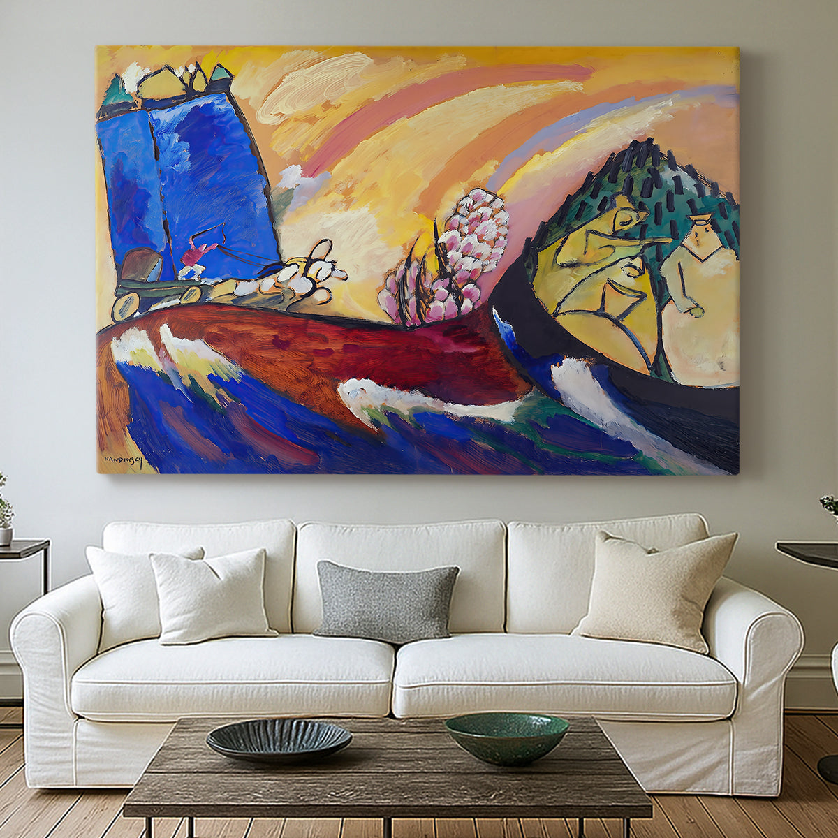 Canvas art print detailing a stylized depiction of movement using bold strokes and color, centered above a sofa as a large focal wall piece