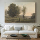 Canvas art print detailing a subdued natural setting with open space and sky, centered above a sofa as a large focal wall piece