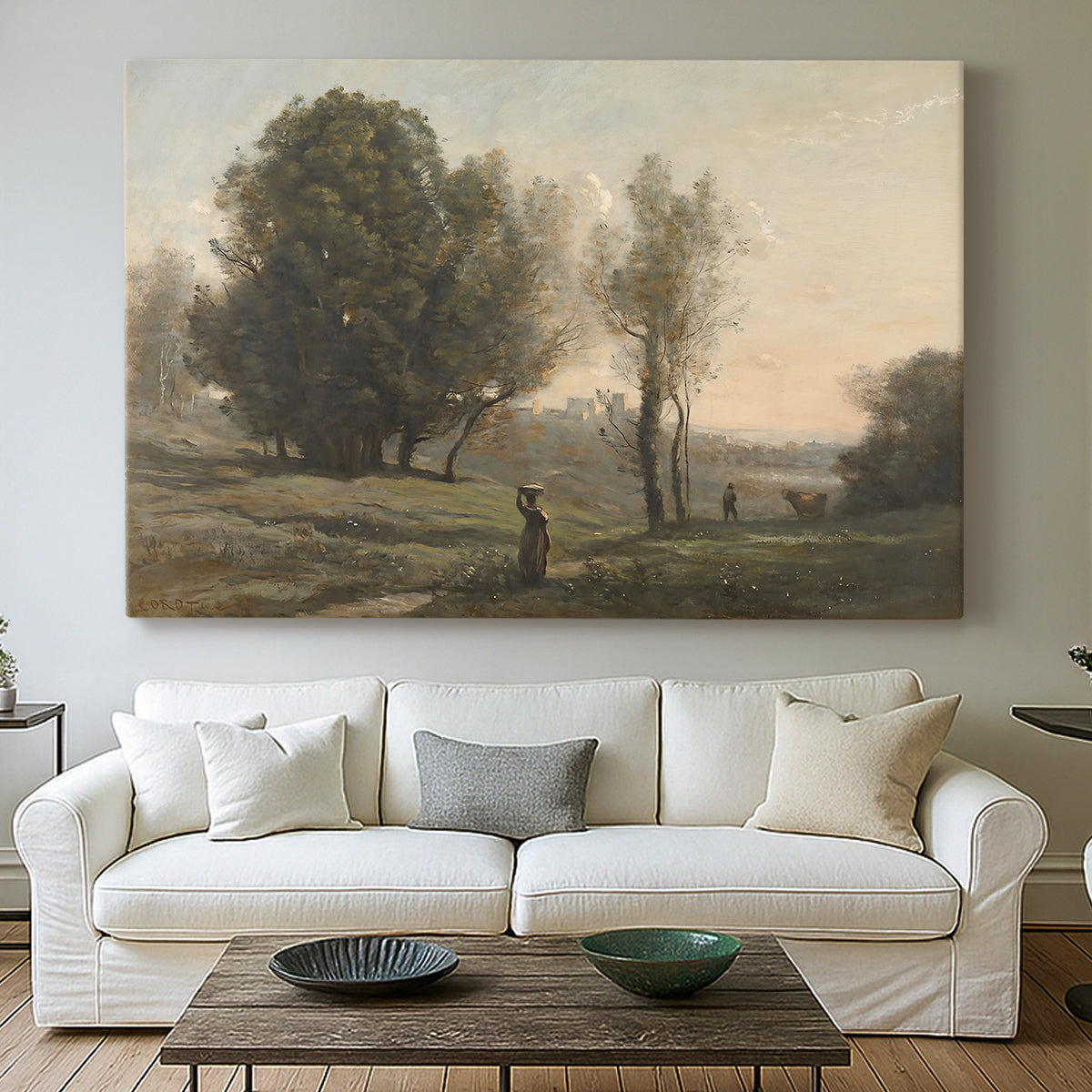 Canvas art print detailing a subdued natural setting with open space and sky, centered above a sofa as a large focal wall piece