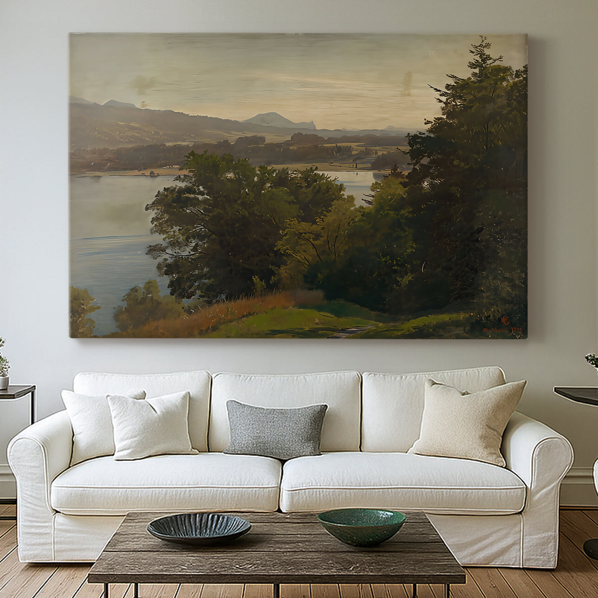 Canvas art print detailing a wide composition with water dominating foreground, centered above a sofa as a large focal wall piece