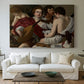Canvas art print detailing a musical gathering with figures posed closely in soft light, centered above a sofa as a large focal wall piece