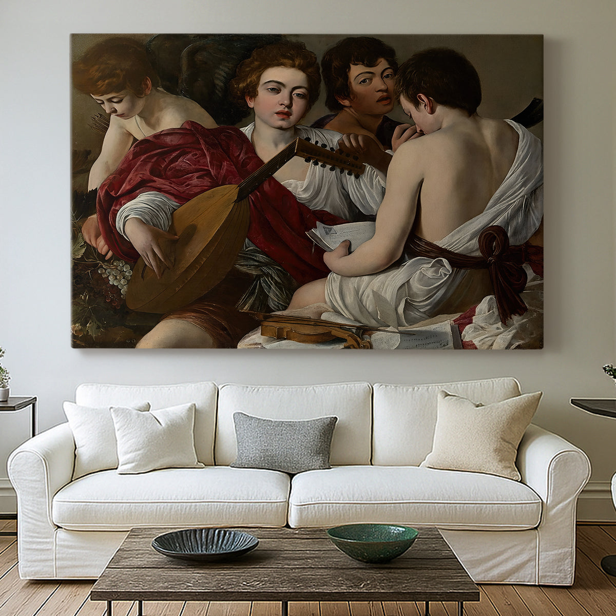 Canvas art print detailing a musical gathering with figures posed closely in soft light, centered above a sofa as a large focal wall piece