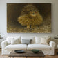 Canvas art print detailing a realistic depiction of owl camouflaged within woodland environment, centered above a sofa as a large focal wall piece