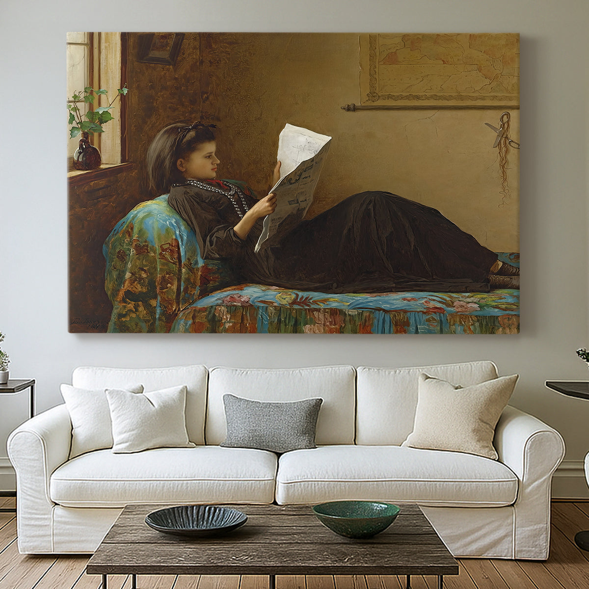 Canvas art print detailing a casual gathering around newspaper in rustic room, centered above a sofa as a large focal wall piece