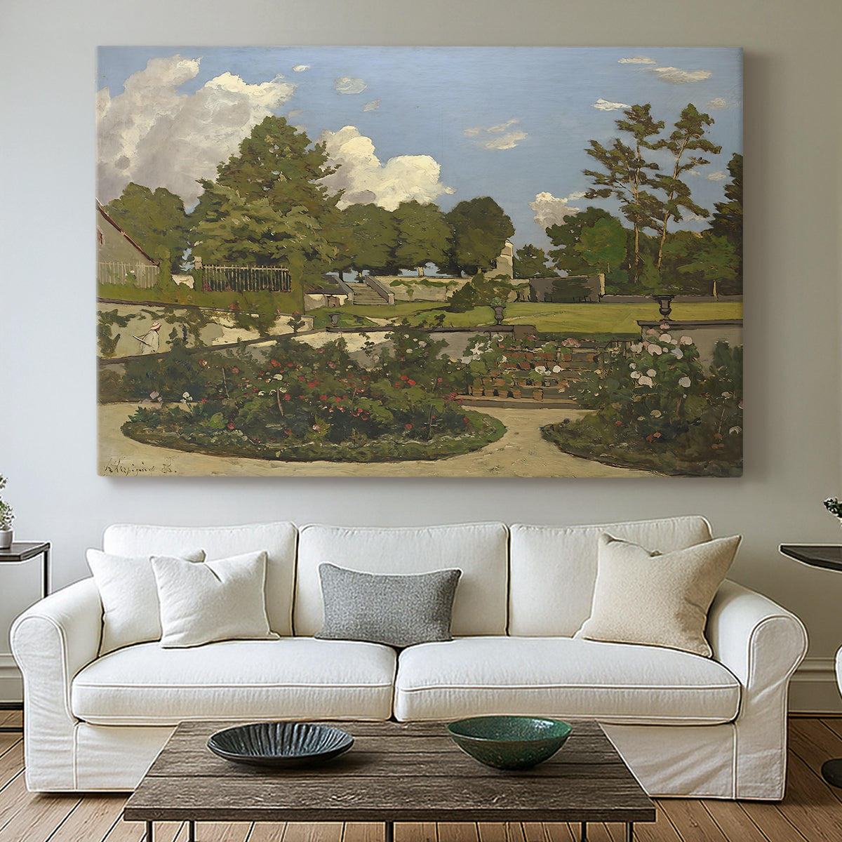 Canvas art print detailing a pastoral garden view with soft light and open space, centered above a sofa as a large focal wall piece