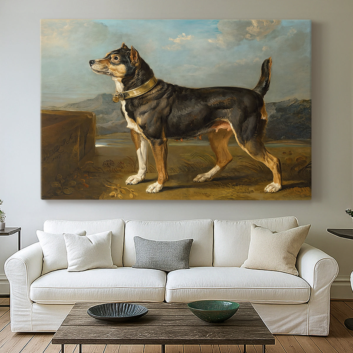 Canvas art print detailing a detailed depiction of dog in outdoor setting, centered above a sofa as a large focal wall piece