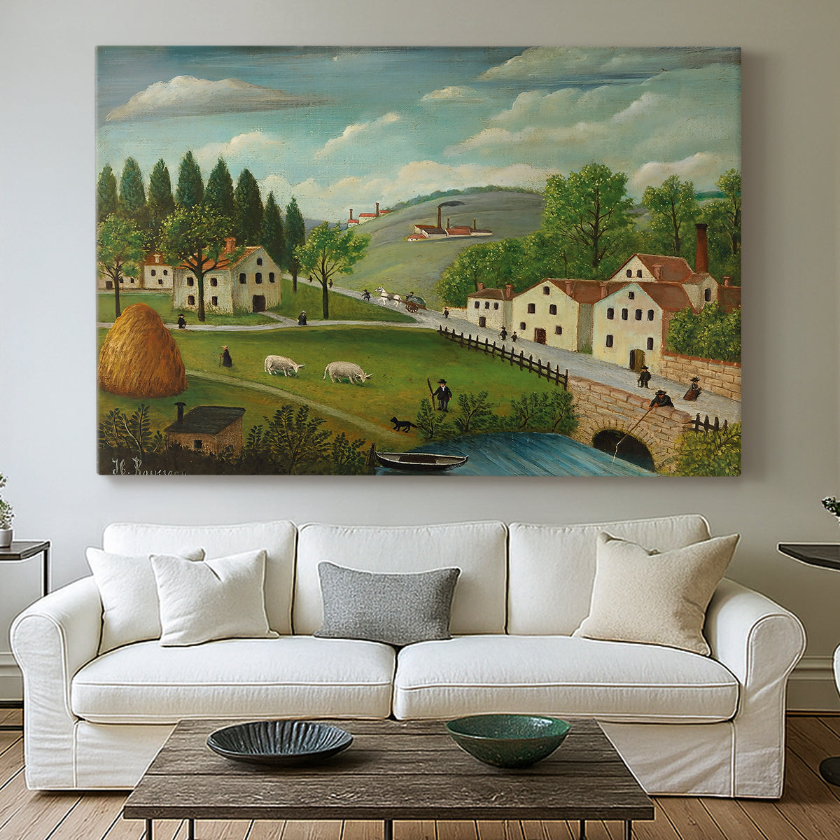 Canvas art print detailing a peaceful landscape combining human activity and nature, centered above a sofa as a large focal wall piece