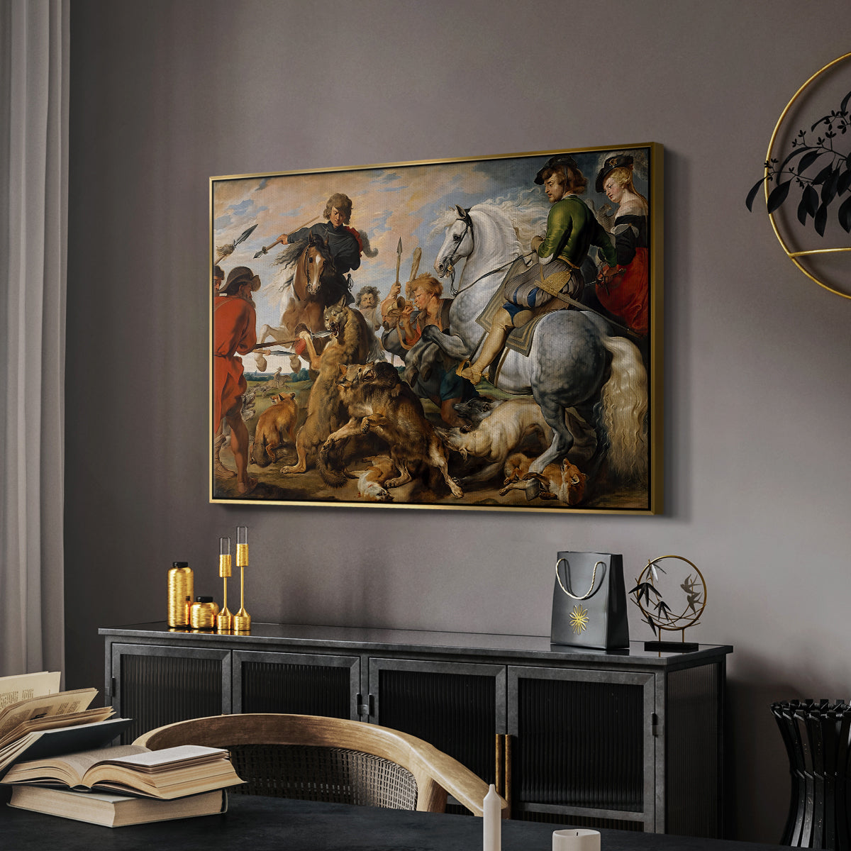 The Wolf and Fox Hunt, c. 1616 - Floater Framed Canvas Print