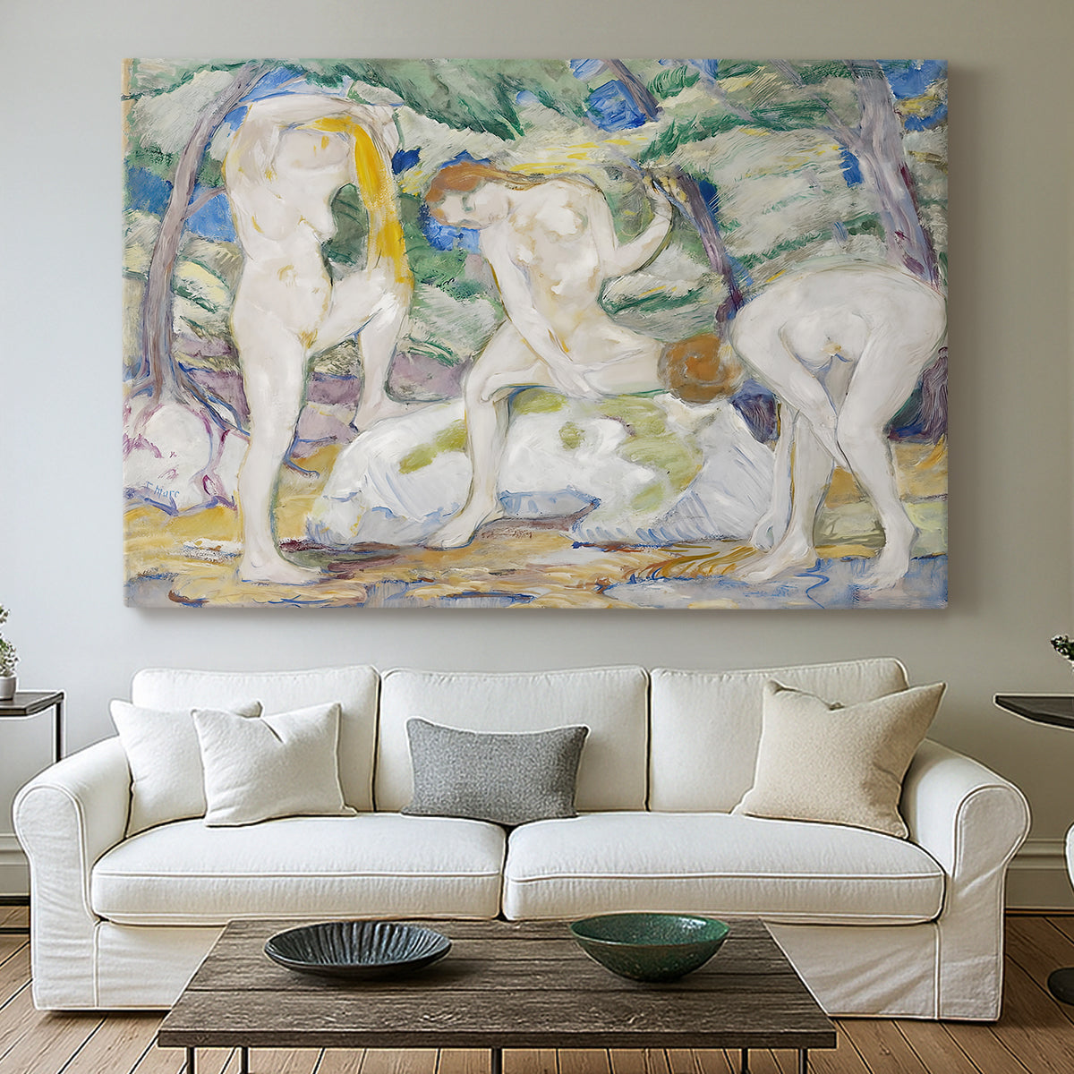 Canvas art print detailing an abstract composition of human figures within vibrant environment, centered above a sofa as a large focal wall piece
