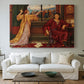 Canvas art print detailing an allegorical depiction of beauty and captivity, centered above a sofa as a large focal wall piece