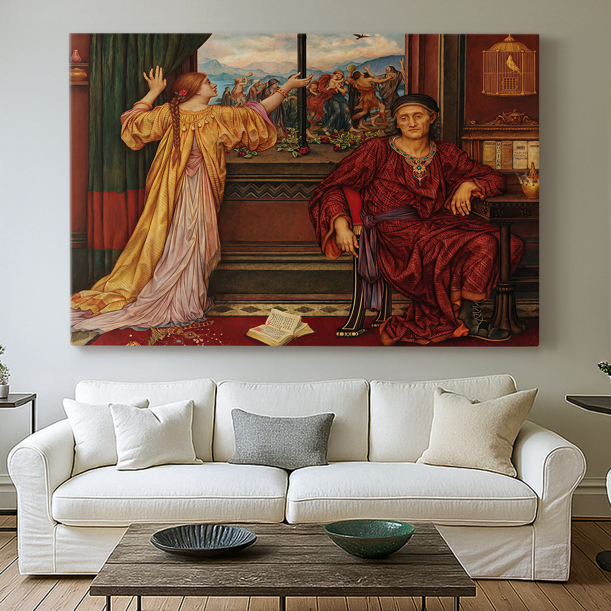 Canvas art print detailing an allegorical depiction of beauty and captivity, centered above a sofa as a large focal wall piece