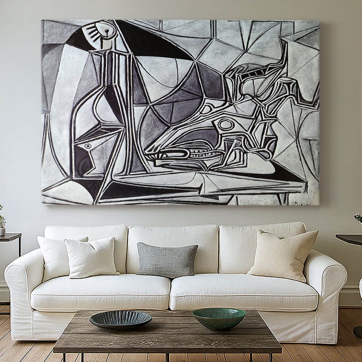 Canvas art print detailing a stylized composition emphasizing structure, centered above a sofa as a large focal wall piece