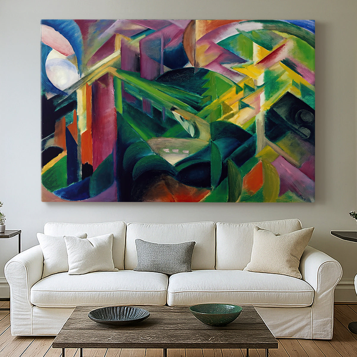Canvas art print detailing a modern depiction of animals within patterned garden space, centered above a sofa as a large focal wall piece