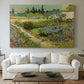 Canvas art print detailing a stylized landscape featuring plants and pathways, centered above a sofa as a large focal wall piece