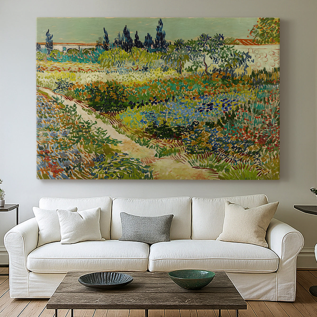 Canvas art print detailing a stylized landscape featuring plants and pathways, centered above a sofa as a large focal wall piece