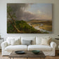 Canvas art print detailing an iconic composition with river bend and contrasting skies, centered above a sofa as a large focal wall piece