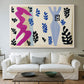 Canvas art print detailing a stylized composition evoking tension and movement, centered above a sofa as a large focal wall piece