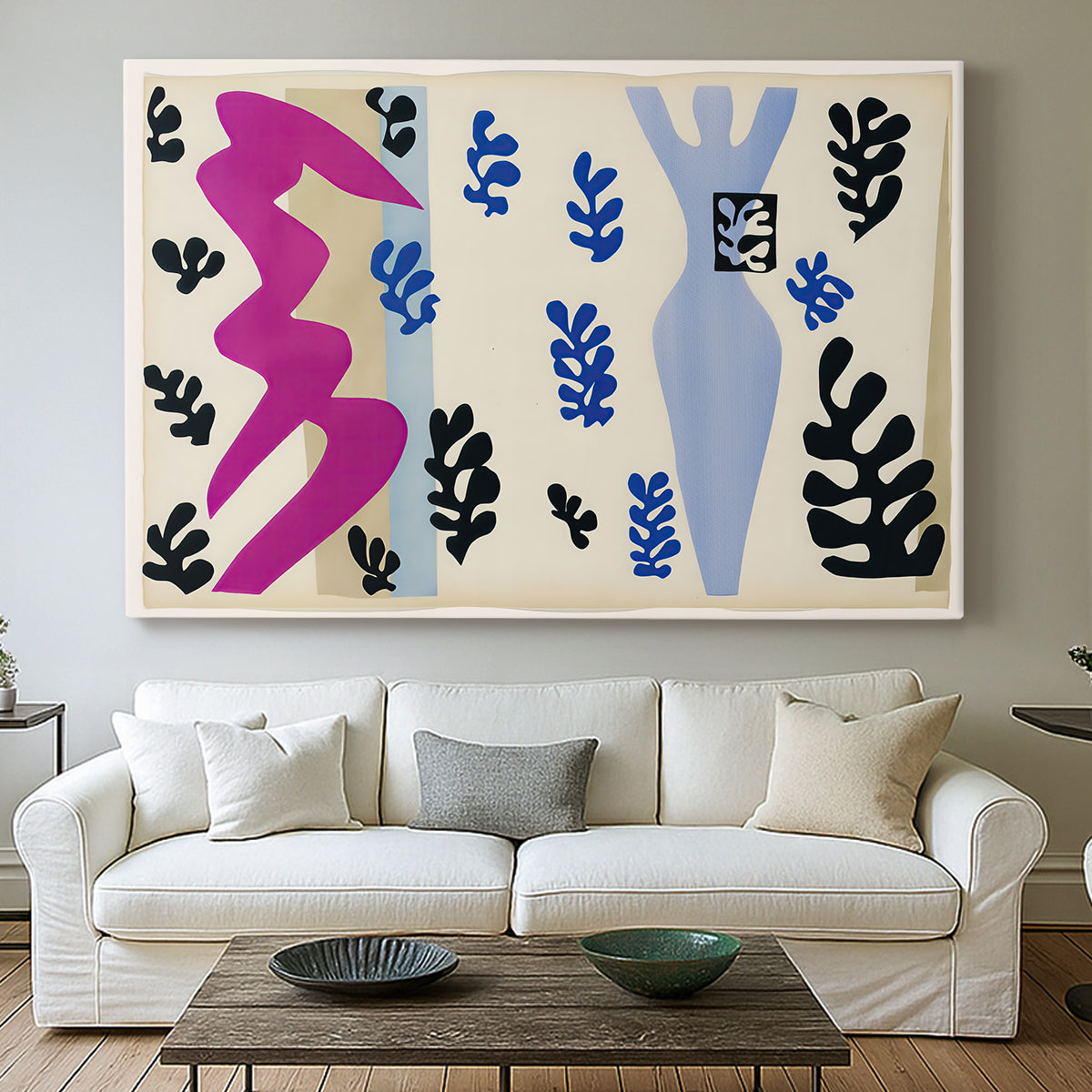 Canvas art print detailing a stylized composition evoking tension and movement, centered above a sofa as a large focal wall piece