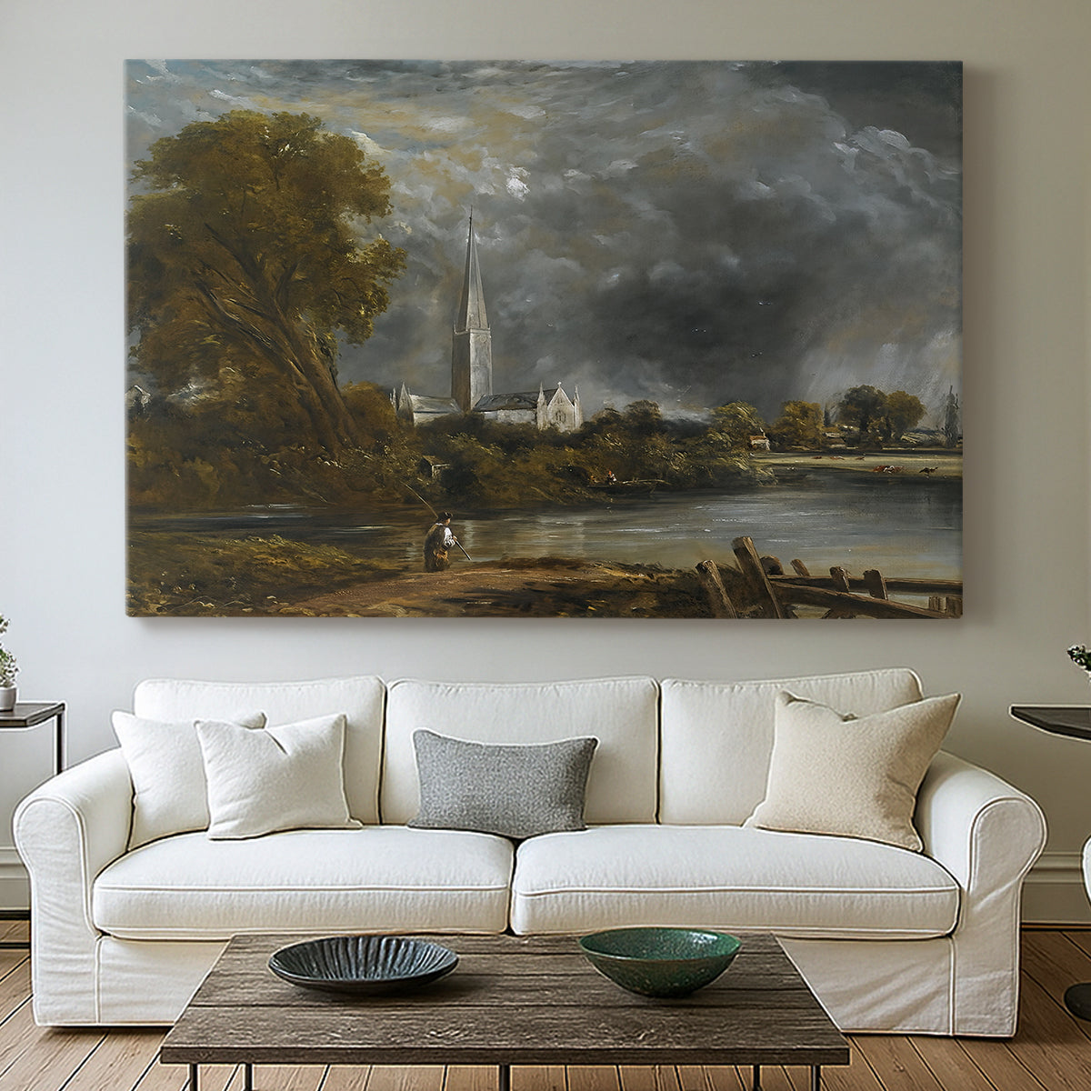 Canvas art print detailing a scenic composition with cathedral, centered above a sofa as a large focal wall piece