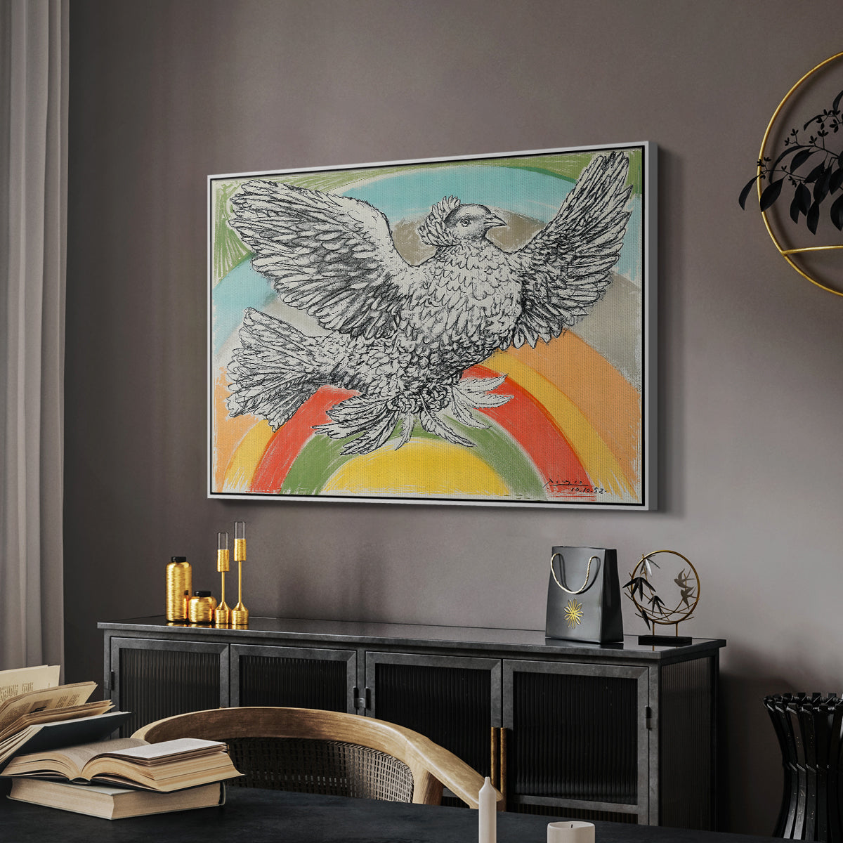 Flying Dove with Rainbow (Colombe volant à l'Arc-en-ciel), 1952 - Floater Framed Canvas Print