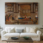 Canvas art print detailing a narrative scene of visitors gathered around central figure, centered above a sofa as a large focal wall piece