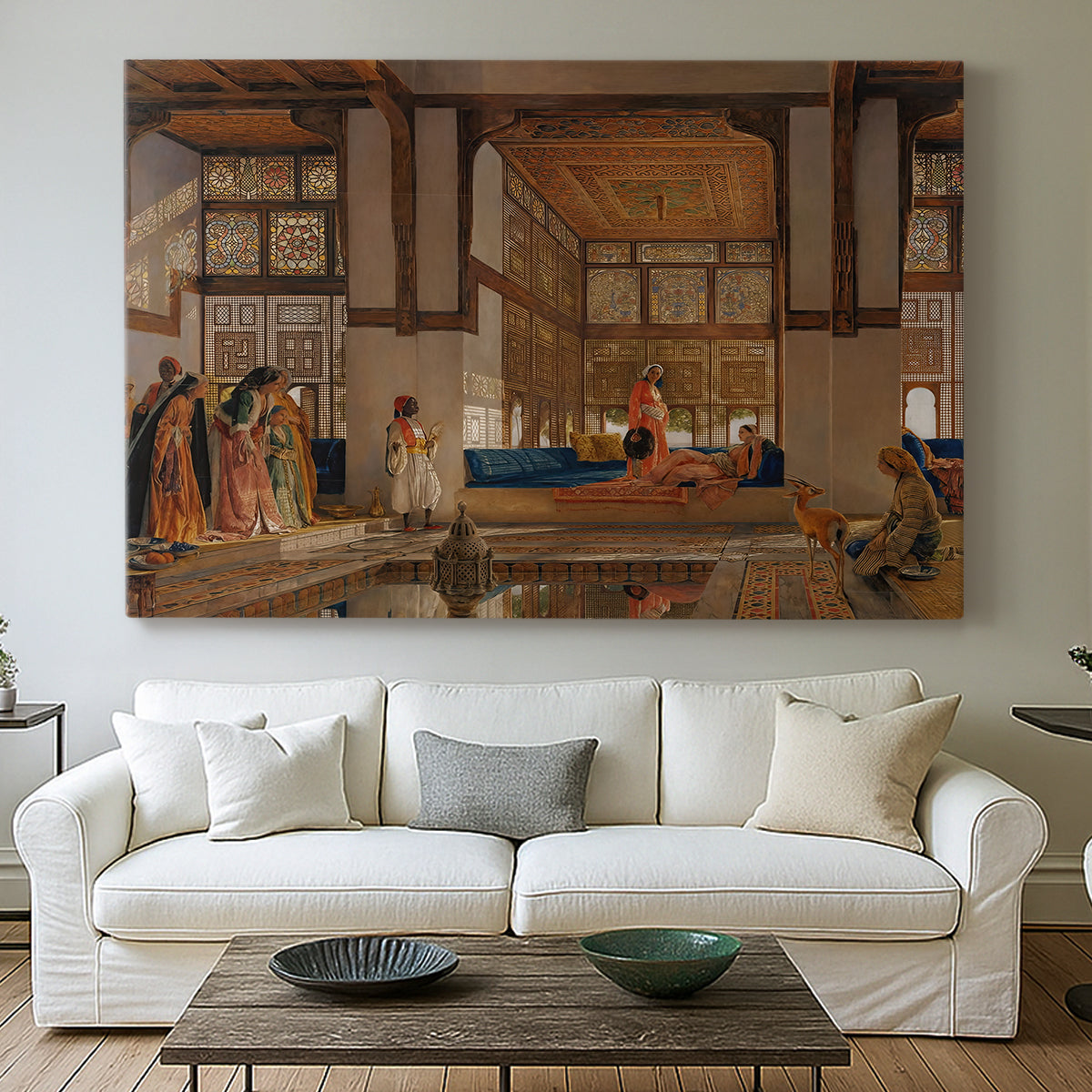 Canvas art print detailing a narrative scene of visitors gathered around central figure, centered above a sofa as a large focal wall piece