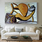 Canvas art print detailing a stylized animal interaction, centered above a sofa as a large focal wall piece