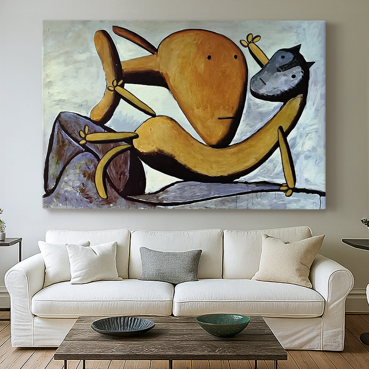 Canvas art print detailing a stylized animal interaction, centered above a sofa as a large focal wall piece
